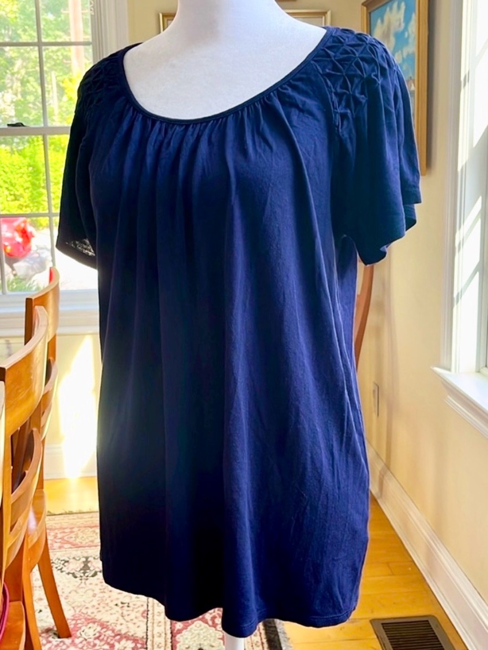 Elle Navy Pullover Top w/Flutter-Sleeves & Criss-Cross Tuck Detail at Shoulders
